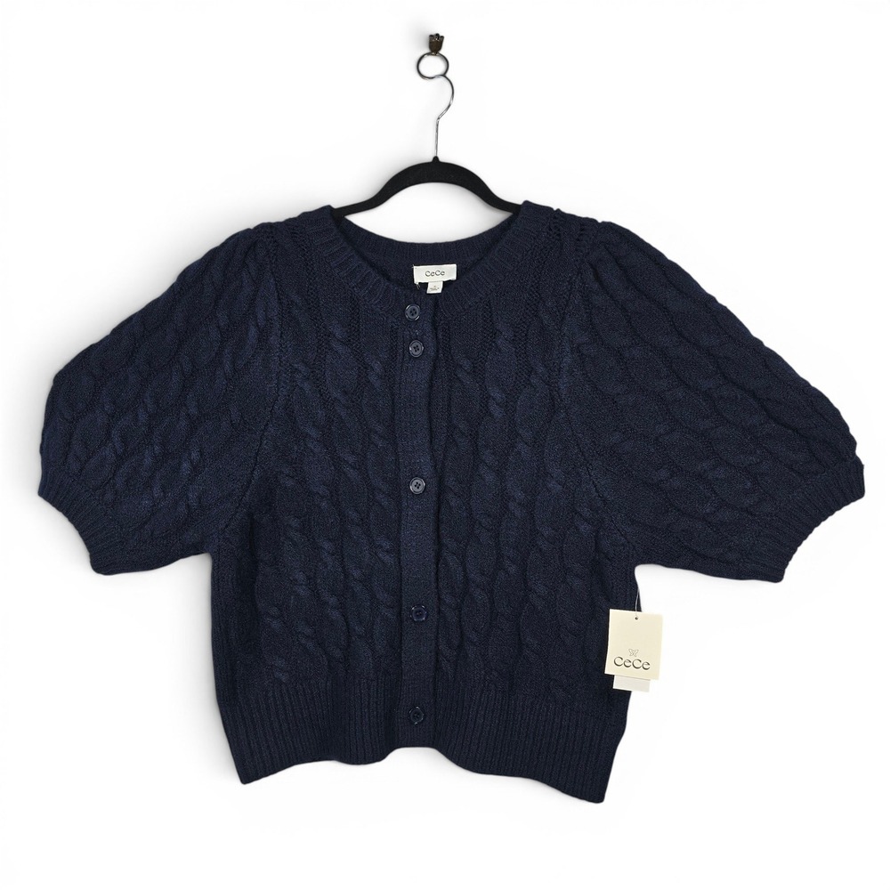 CeCe Womens Short Puff Sleeve Cable Knit Cardigan Navy Blue XL Dark Academia NEW